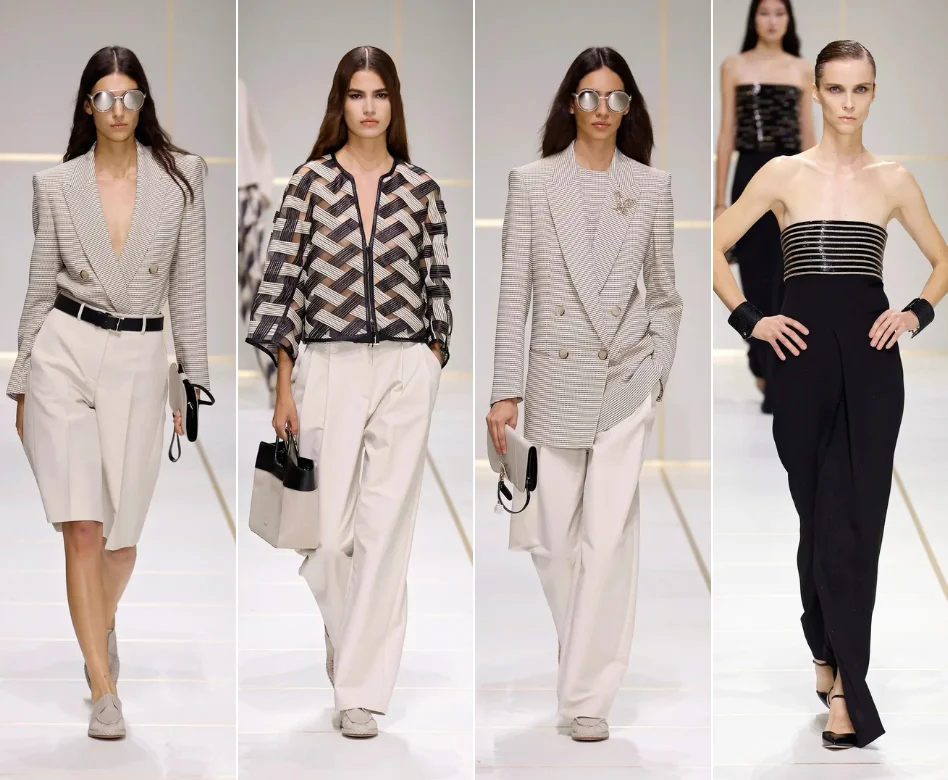 Milano Moda Haftası etkinlikleri çerçevesinde düzenlenen Giorgio Armani defilesinde, podyumda spot ışıkları altında zarif bir model, akıcı kumaşlardan tasarlanmış uzun ve sofistike bir gece elbisesini dikkat çekici bir şekilde sunuyor.