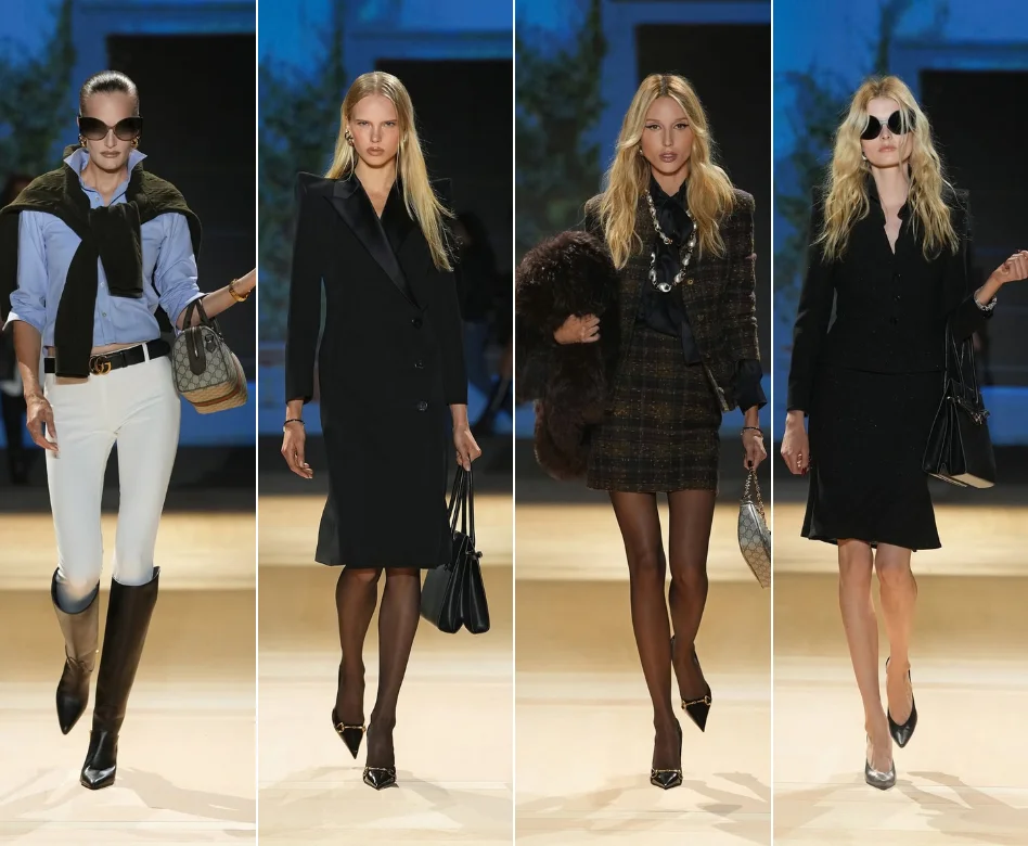 Gucci'nin İlkbahar-Yaz 2027 Milano Moda Haftası defilesinde, Demna'nın tasarımı olan, büyük ve hacimli siyah bir palto, geniş güneş gözlükleri ve parlak turuncu bir el çantasıyla podyumda yürüyen bir model, markanın burjuva şıklığı ve gösterişli lüks anlayışını vurguluyor.