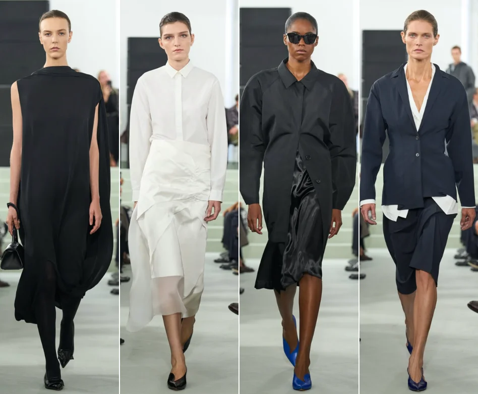 Milano Moda Haftası kapsamında sergilenen Jil Sander koleksiyonundan, nötr tonlarda, modern ve minimalist bir tasarıma sahip, geniş kesim bir kıyafetle podyumda yürüyen model, markanın özgün estetiğini yansıtıyor.