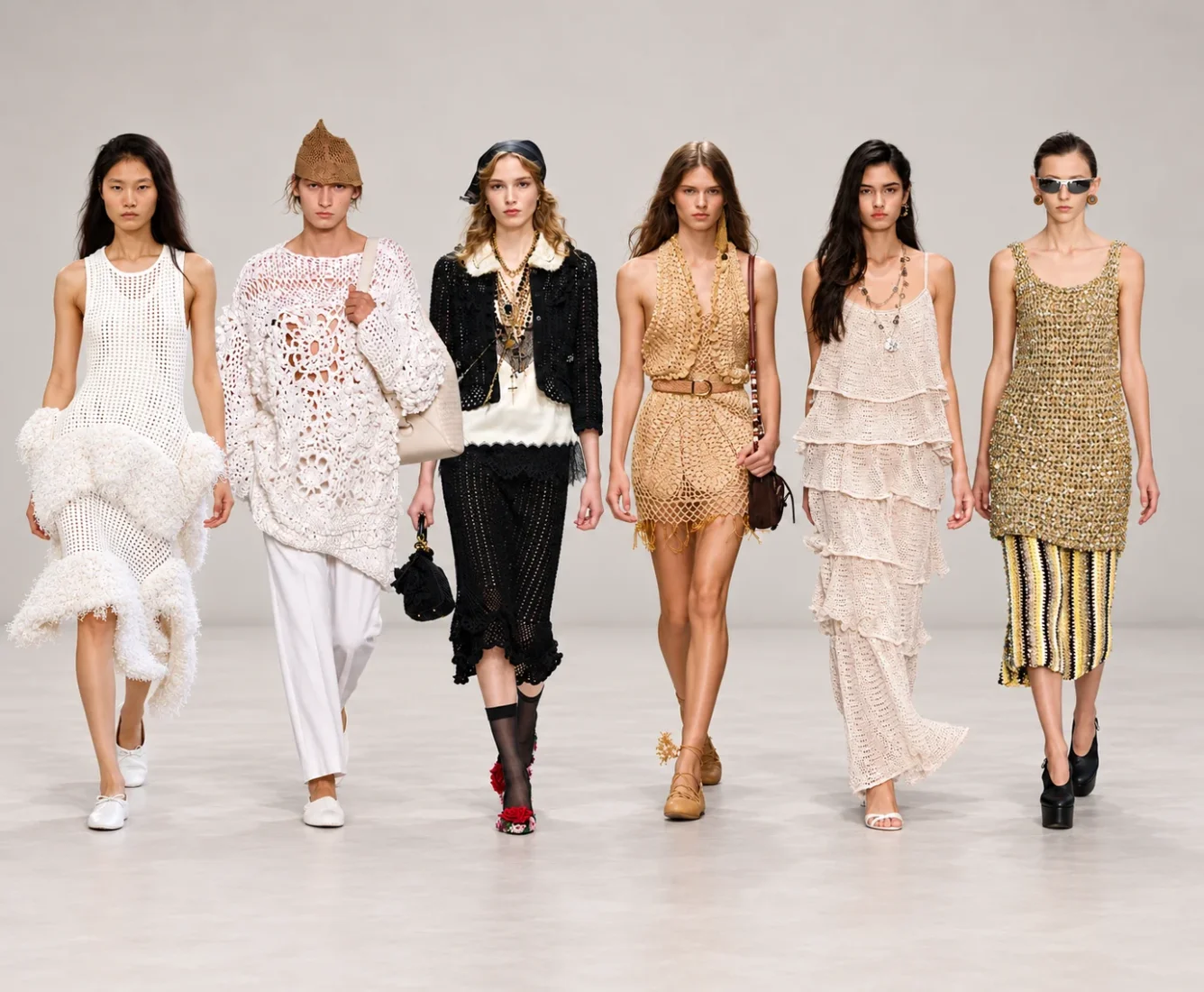 Milano Moda Haftası kapsamında sunulan koleksiyonlardan birinde yer alan, özenle işlenmiş, krem rengi ve bej tonlarındaki ipliklerle yapılmış, derin dokulu ve estetik bir krose örgüsünün detaylı yakın çekimi, el işçiliğinin modadaki önemini gözler önüne seriyor.