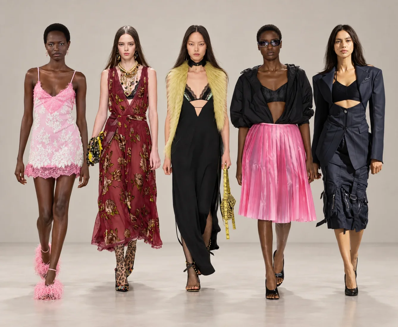 Milano Moda Haftası podyumunda, şeffaf kumaş detaylarıyla hareket kazandırılmış açık renkli bir iç çamaşırı takımını sergileyen profesyonel bir model, spot ışıklarının altında zarif adımlarla yürüyerek yeni sezon iç giyim trendlerini gözler önüne seriyor.