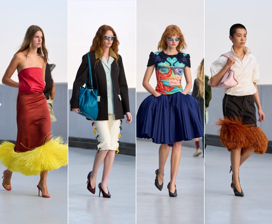 Milano Moda Haftası'nda tanıtılan Moschino'nun en yeni koleksiyonundan, canlı desenleri ve abartılı silüetleriyle dikkat çeken, oyuncu ve avangart bir tasarımı bir model podyumda kendinden emin bir şekilde sergiliyor.