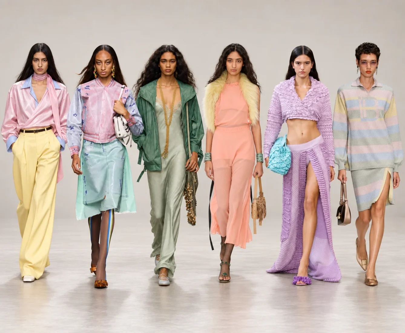 Milano Moda Haftası'nın dikkat çeken anlarından birinde, yumuşak pembe ve lavanta gibi pastel tonlarda tasarlanmış zarif bir kıyafet giyen bir model, modern podyumda veya hareketli sokaklarda güvenle ilerliyor; bu görünüm, bahar ve yaz aylarının hafif ve şık moda akımlarını yansıtarak, sofistike ve çağdaş bir tarzı temsil ediyor.