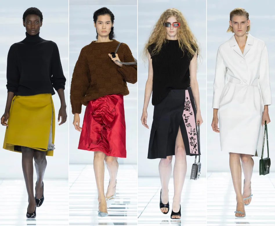 Milano Moda Haftası'nın dikkat çeken anlarından birinde, Prada defilesinde podyumda yürüyen bir model, markanın yenilikçi ve sofistike tasarım anlayışını yansıtan özel bir kıyafetle izleyicilerin beğenisine sunuluyor.