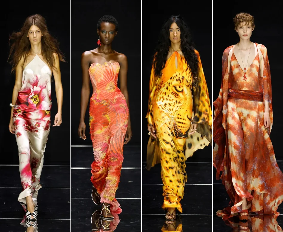 Milano Moda Haftası kapsamında sergilenen Roberto Cavalli koleksiyonundan, podyumda kendine güvenli adımlarla yürüyen bir model, markanın imza niteliğindeki vahşi desenleri ve cesur detaylarıyla bezenmiş göz alıcı bir tasarımı taşıyor.