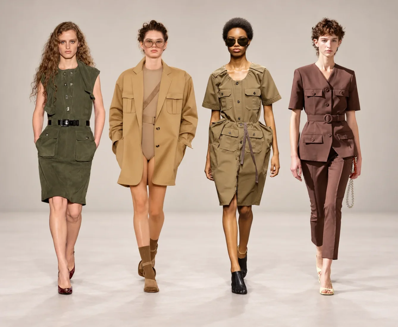 Milano Moda Haftası'nda sergilenen, kemerli, haki renkli utility ceketi ve uyumlu pantolonuyla podyumda yürüyen bir model, geniş kenarlı şapkası ve şık botlarıyla safari trendinin şehirli ve güçlü yorumunu vurguluyor.
