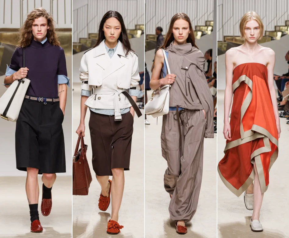 Milano Moda Haftası'nın Tod's İlkbahar-Yaz 2027 defilesinden bir görünümde, podyumda yürüyen bir model, Matteo Tamburini'nin doğal ve abartısız İtalyan giyim tarzını yansıtan krem rengi geniş paçalı takım elbisesini, büyük kahverengi bir deri çanta ve püsküllü loaferlarla tamamlayarak sergiliyor.