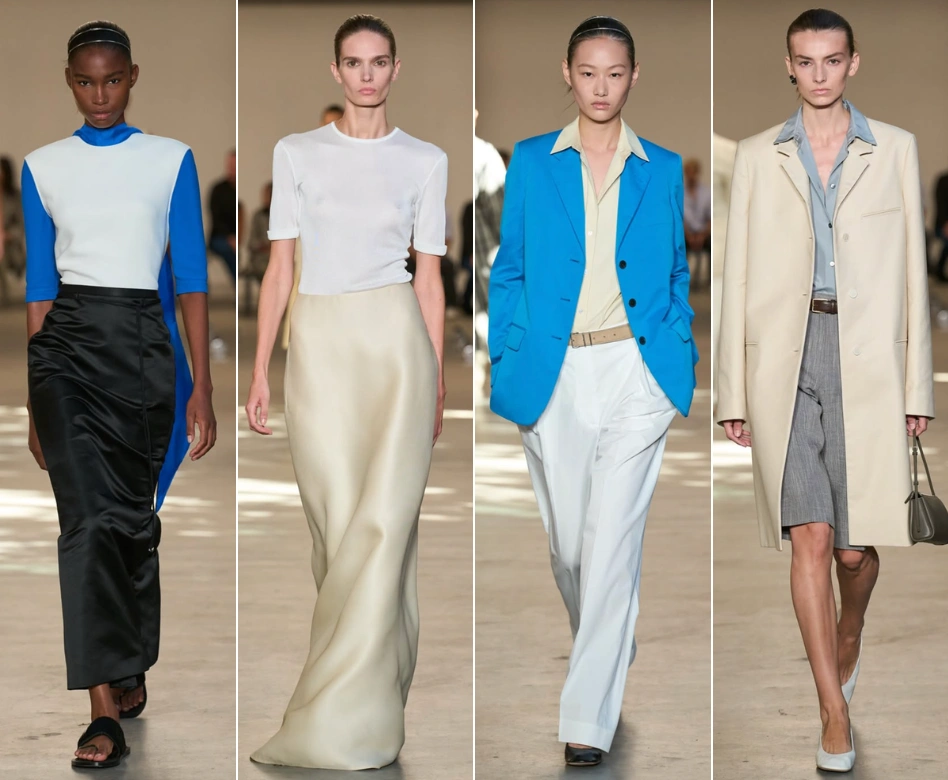 Calvin Klein'ın New York Moda Haftası defilesinden dört model, minimalist ve modern tasarımlarla podyumda yürüyor: mavi-beyaz bluz ve siyah etek; beyaz tişört ve krem rengi maksi etek; turkuaz ceket, bej gömlek ve beyaz pantolon; bej palto, açık mavi gömlek ve gri şort.