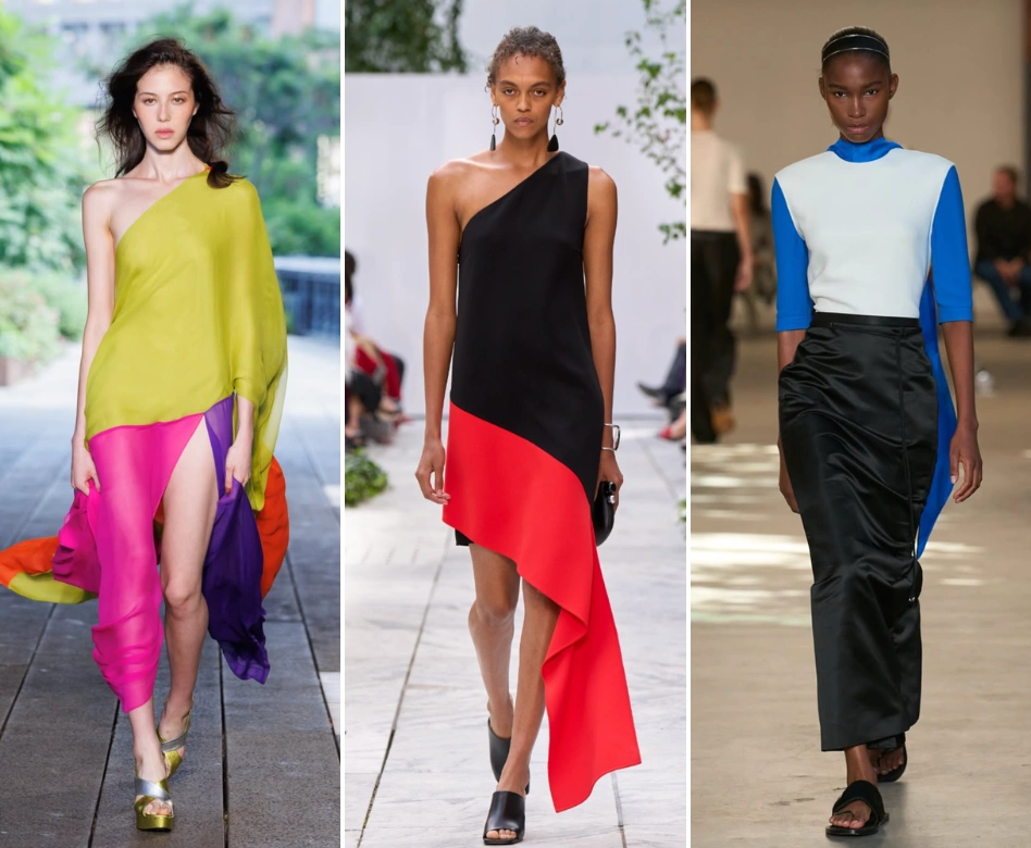 Podyumda yürüyen üç manken, New York Moda Haftası'ndan akıcı misket limonu yeşili ve macenta tonlarında, çarpıcı siyah-kırmızı asimetrik kesimli ve modern beyaz-mavi üst ile siyah saten etek gibi farklı renk bloklama tasarımlarını sergileyerek zıt renklerin yaratıcı kullanımını vurguluyor.