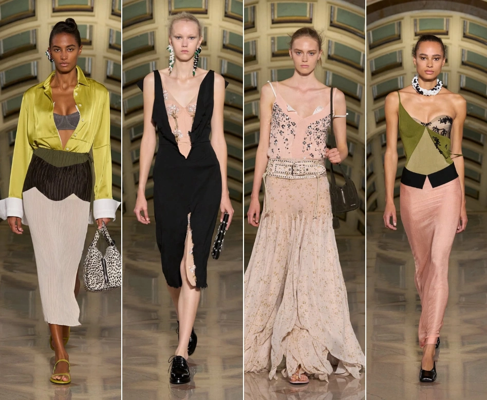 New York Moda Haftası'nda Altuzarra defilesinden dört model, podyumda çarpıcı tasarımları sergiliyor: açık yeşil saten gömlek ve pilili etekle, siyah dantel detaylı derin V yakalı elbiseyle, pembe çiçekli askılı bluz ve volanlı uzun etekle, zeytin yeşili asimetrik bluz ve şeftali tonlarında dar etekle yürüyen mankenler.