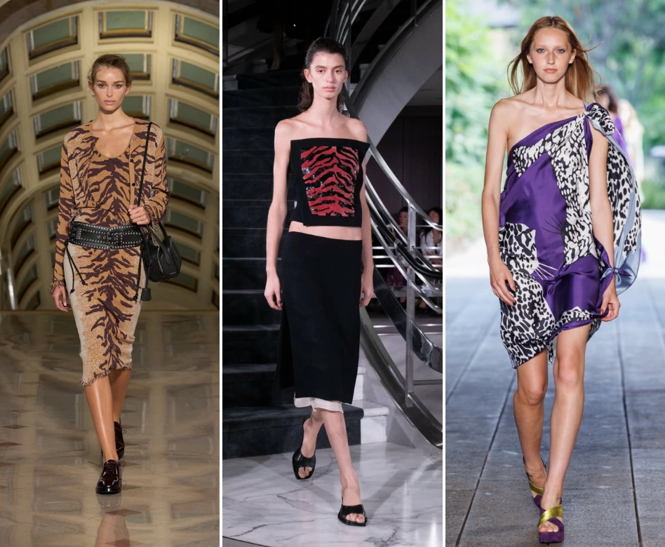 New York Moda Haftası'ndan üç farklı hayvan deseni görünümü sergileniyor: Solda kaplan desenli hırka ve etek takımıyla yürüyen bir model, ortada kırmızı kaplan çizgili siyah büstiyer ve etekle podyumda ilerleyen bir diğer model, sağda ise mor ve leopar desenli tek omuzlu bir elbiseyle dış mekanda yürüyen üçüncü bir modelle hayvan deseni trendi vurgulanıyor.
