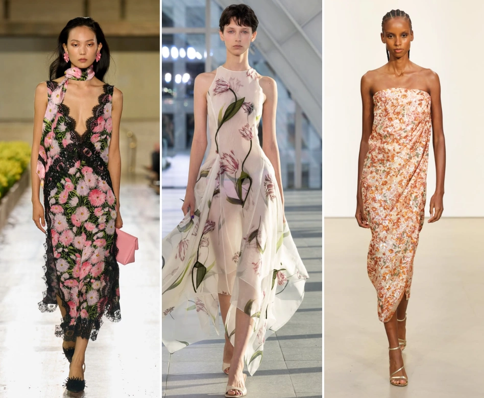 New York Moda Haftası podyumlarından üç farklı mankenin sergilendiği bu görselde, her biri kendine özgü pembe çiçekli, mor lale motifli şeffaf ve turuncu tonlarında payetli çiçek desenleri taşıyan elbiselerle modern ve zarif görünümler sunuyor.