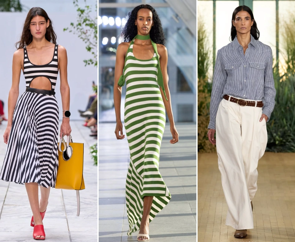 New York Moda Haftası'nda podyumda yürüyen üç model, siyah-beyaz kesikli üst ve çizgili pilili etek, yeşil-beyaz kalın çizgili askılı maksi elbise ve lacivert ince çizgili gömlek ile bej bol pantolon giyerek çizgili trendleri sergiliyor.