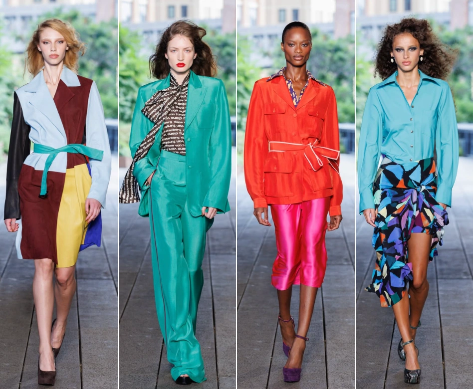 New York Moda Haftası'nda Diane von Furstenberg koleksiyonundan dört model, renk bloklu elbise, markanın logosunu taşıyan gömlekli turkuaz pantolon takım, canlı kırmızı ceketle fuşya pantolon ve asimetrik desenli etekli turkuaz gömlek gibi cesur ve dinamik tasarımları sergiliyor.