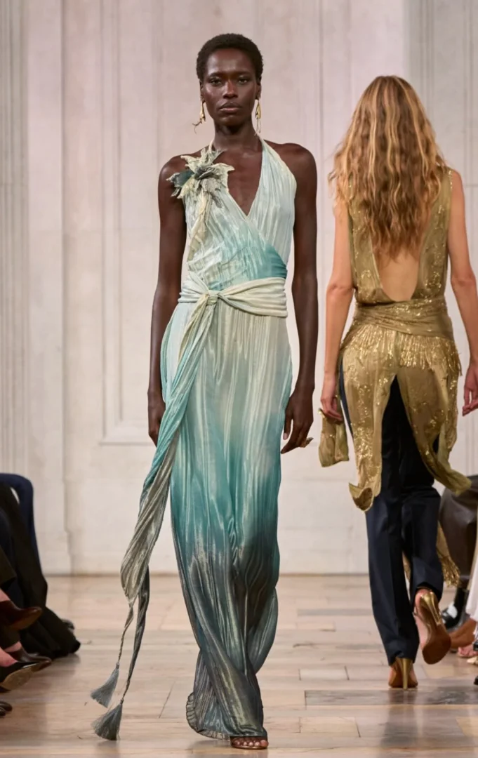 Ön planda, New York Moda Haftası podyumunda Ralph Lauren tasarımı, açık mavi-yeşilden koyu yeşile degrade, pilili ve omuzunda aplikeli uzun askılı bir elbise giyen koyu tenli bir model yürürken, arkasında sırtı açık, altın rengi parıltılı bluz ve koyu pantolonlu başka bir model uzaklaşıyor.