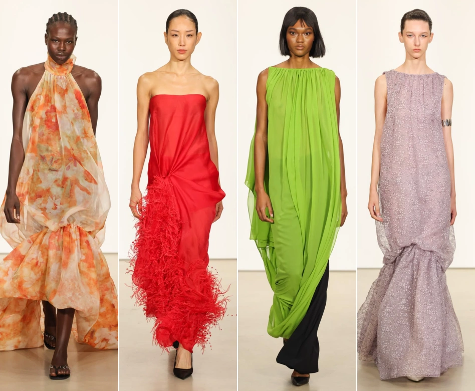 New York Moda Haftası'nda Prabal Gurung defilesinden, turuncu soyut desenli tül, kırmızı straplez tüy detaylı, siyah pantolon üzerine giyilmiş lime yeşili bol kesim ve lavanta rengi dantel işlemeli balık etekli olmak üzere dört farklı göz alıcı elbise giyen modeller podyumda poz veriyor.