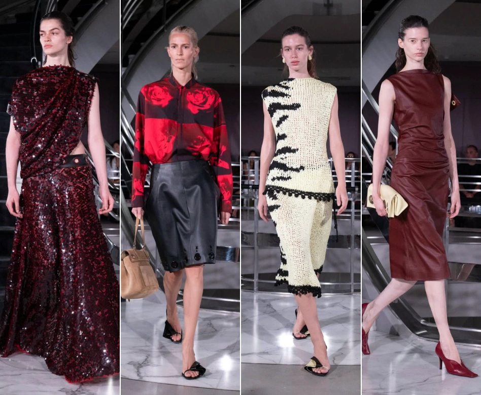 Proenza Schouler'in New York Moda Haftası defilesinde, ışıltılı bordo elbise, kırmızı gül desenli gömlekli siyah deri etek, zigzag desenli krem triko takım ve bordo deri elbise giyen dört model podyumda yürüyor.