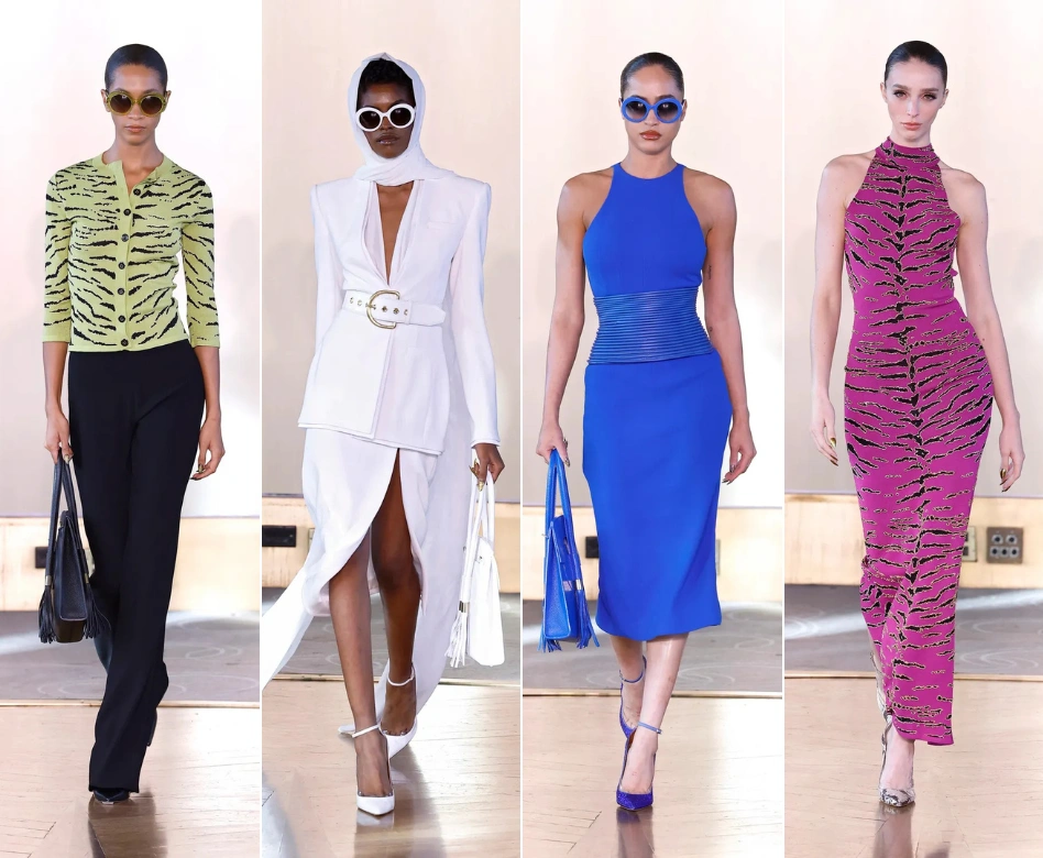 New York Moda Haftası kapsamında Sergio Hudson'ın yeni koleksiyonundan dört farklı manken, solda limon yeşili kaplan desenli hırka ve siyah pantolon, ikinci sırada beyaz bir blazer ve başörtüsüyle bütünleşen uzun etek, üçüncü sırada bel detaylı kraliyet mavisi bir elbise ve en sağda fuşya rengi kaplan desenli uzun bir elbiseyle podyumda yürüyor.