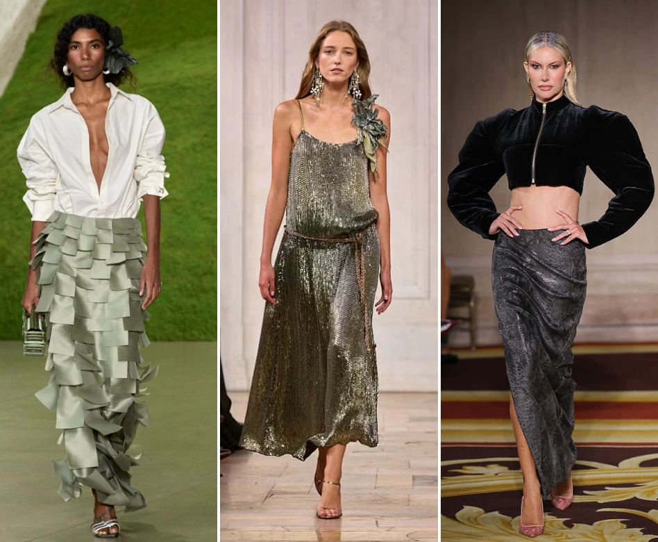 New York Moda Haftası podyumunda, solda katmanlı adaçayı yeşili etek ve beyaz gömlek giyen bir model, ortada ışıltılı altın rengi askılı metalik elbise giyen bir model ve sağda kabarık omuzlu siyah kadife crop ceket ile ışıltılı gümüş rengi uzun etek giyen başka bir model yer alıyor.