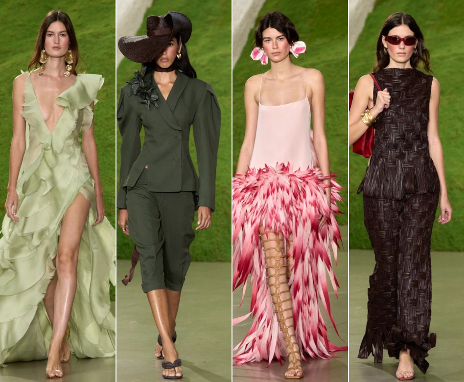New York Moda Haftası'ndan Cult Gaia defilesini yansıtan bu karede, açık yeşil fırfırlı elbiseli, kahverengi hasır şapkalı takım elbiseli, pembe tüylü etekli ve koyu kahverengi örgü takımlı dört farklı model podyumda göz alıcı tasarımları sergiliyor.