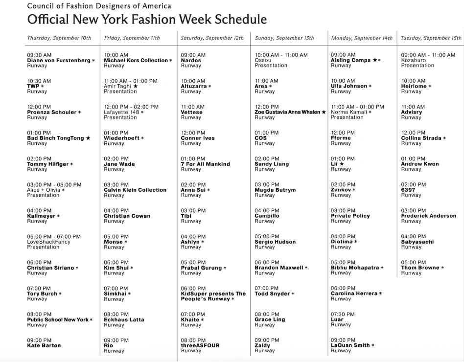 Resimde, 10 Eylül Perşembe'den 15 Eylül Salı'ya kadar sürecek olan resmi New York Moda Haftası takvimi; Diane von Furstenberg, Michael Kors, Tommy Hilfiger gibi birçok ünlü tasarımcının podyum defileleri ve sunumlarını içeren etkinlik programını tüm detaylarıyla sunmaktadır.