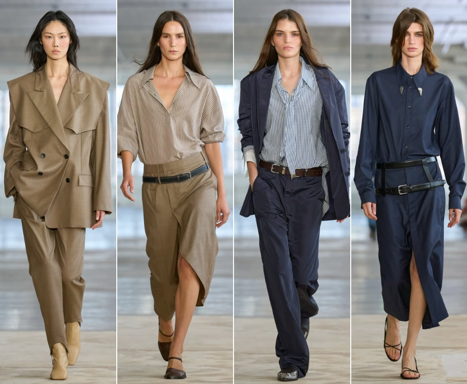 New York Moda Haftası'nda Tibi'nin rahat kesim kahverengi ve lacivert tonlardaki tasarımlarını sergileyen dört model, oversize blazer, çizgili gömlekler, asimetrik etekler ve kemer detaylı elbiselerle podyumda yürüyor.