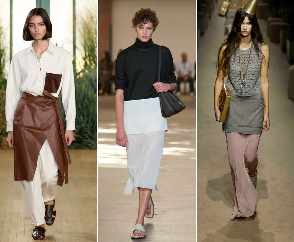 New York Moda Haftası'ndan üç model, farklı stillerdeki etek ve pantolon kombinasyonlarını sergiliyor: solda kahverengi deri görünümlü bir etek ve beyaz bol pantolon, ortada kısa beyaz şeffaf bir etek ve uzun beyaz pantolon, sağda ise gri mini etek üzerine pembe şeffaf pantolon trendleri dikkat çekiyor.