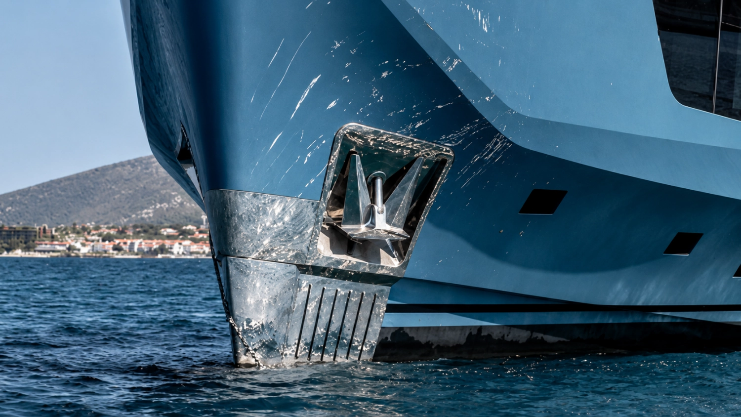 Numarine 37XP süperyatının deniz üzerinde duran mavi gövdesinin ön kısmı, parlak krom çapasını barındıran pruvasında belirgin beyaz çizikler ve su sıçramalarıyla, arka planda bulanık bir kıyı şeridi ile güneşli bir günde resmedilmiş.