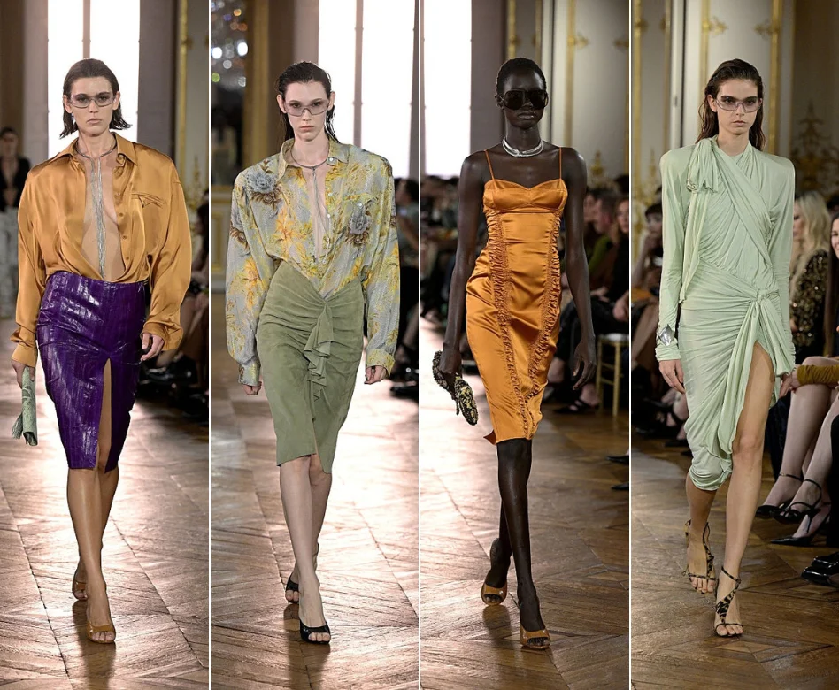 Paris Moda Haftası'nda Balmain defilesinden bir model, podyumda göz alıcı, metalik tonlarda, modern kesimli ve dikkat çekici detaylara sahip bir tasarımla yürüyerek markanın özgün ve güçlü estetiğini sergiliyor.