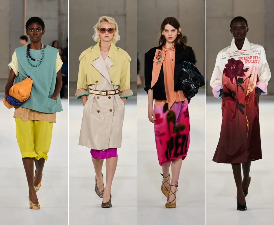 Dries Van Noten'ın Paris Moda Haftası defilesinden, karakteristik zenginlikteki dokularıyla öne çıkan, akışkan bir silüete sahip ve sofistike katman detaylarıyla işlenmiş bir kombini giyen model, podyumda kararlı adımlarla ilerliyor.