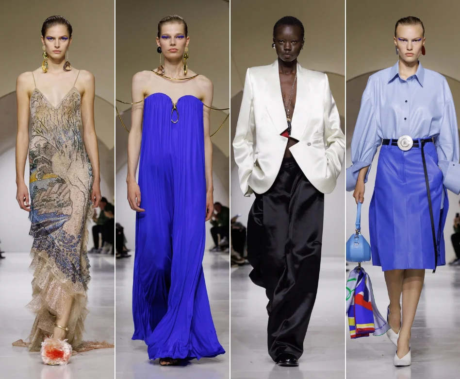 Paris Moda Haftası kapsamında Givenchy defilesinde, yüksek yakalı, omuzları hacimli ve katmanlı, açık renkli bir üst giyen model podyumda yürürken görülüyor; bu tasarım, markanın modern ve yenilikçi çizgisine vurgu yapıyor.