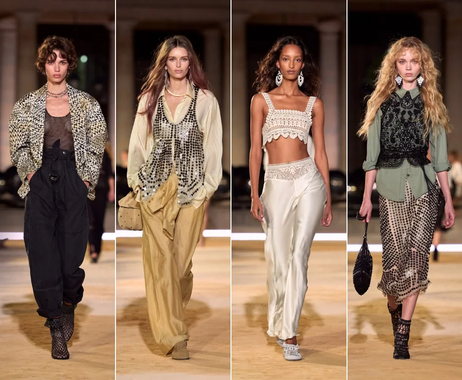 Isabel Marant'ın Paris Moda Haftası defilesinden bir karede, podyumda markanın modern bohem tarzını yansıtan, rahat kesim bir üst ve etek ya da pantolondan oluşan şık bir kombini sergileyen bir model, parlak podyum ışıkları altında kendinden emin bir şekilde yürüyor.