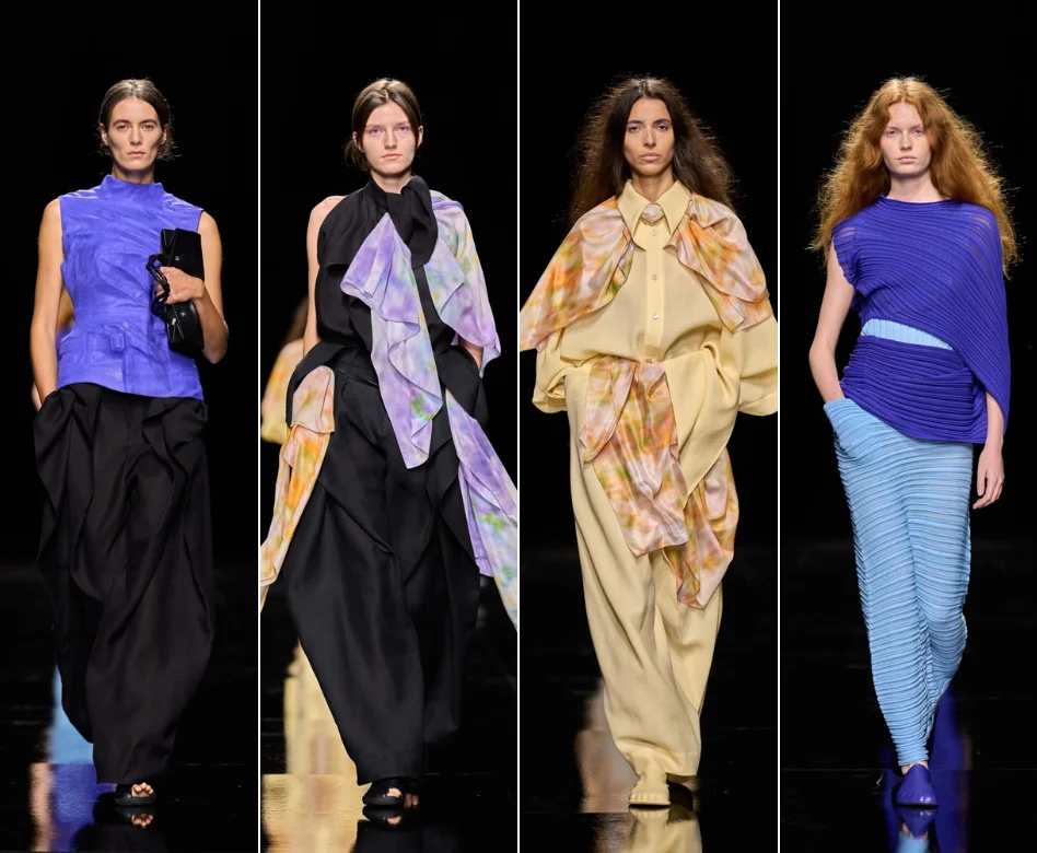Paris Moda Haftası'nda Issey Miyake defilesinden, hareketli ve yenilikçi kesimleriyle dikkat çeken, çağdaş bir sanat eserini andıran, hacimli bir tasarım giyen model podyumda kararlı adımlarla yürüyor.