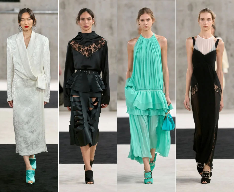 Paris Moda Haftası kapsamında Lanvin defilesinden bir model, podyumda ipek parlaklığında siyah, uzun bir elbise içinde, minimal makyajı ve özgüvenli duruşuyla markanın modern şıklık anlayışını yansıtıyor.