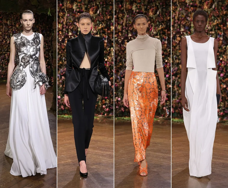 Paris Moda Haftası kapsamında Maison Margiela'nın podyumunda yürüyen, yüzünde cesur, sanatsal bir makyaj ve belirgin bir silüete sahip, katmanlı, dekonstrüktif detaylarla zenginleştirilmiş, etkileyici bir kıyafet giyen model, markanın deneysel ve avangart estetiğini çarpıcı biçimde sergiliyor.