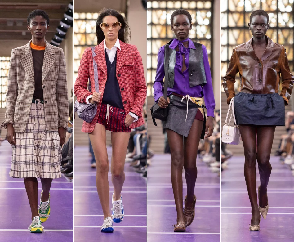 Paris Moda Haftası kapsamında Miu Miu defilesinde podyumda yürüyen genç bir model, markanın modern ve oyuncu ruhunu yansıtan, katmanlı ve sofistike detaylara sahip bir kıyafeti sergiliyor, markanın imzasını taşıyan aksesuarlar da dikkat çekiyor.