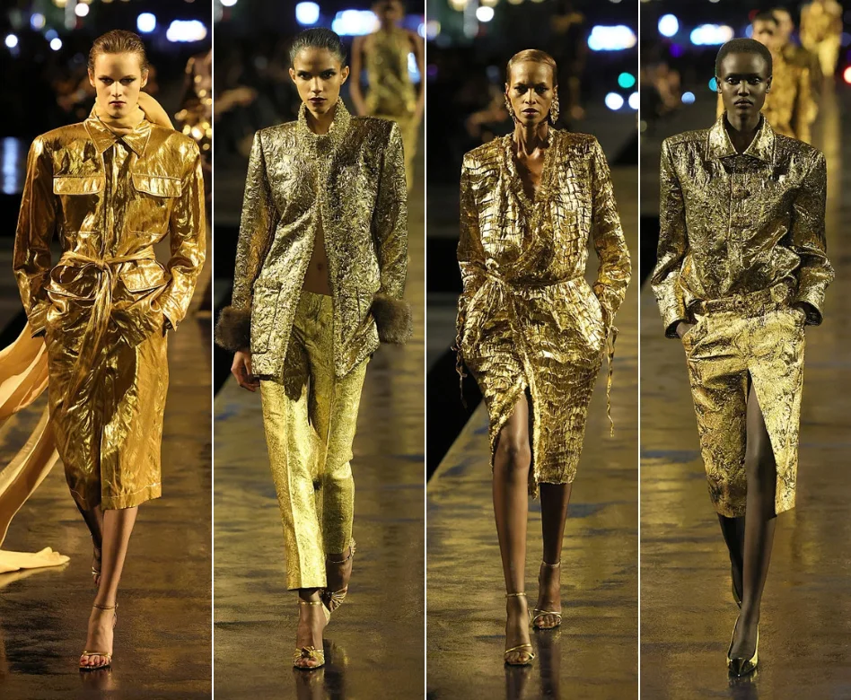 Paris Moda Haftası'nda Saint Laurent defilesinde podyumda yürüyen bir model, markanın yenilikçi ruhunu yansıtan, dikkat çekici ve zarif bir tasarım sergiliyor, spot ışıklarının aydınlattığı pistte tüm gözleri üzerine çekiyor.