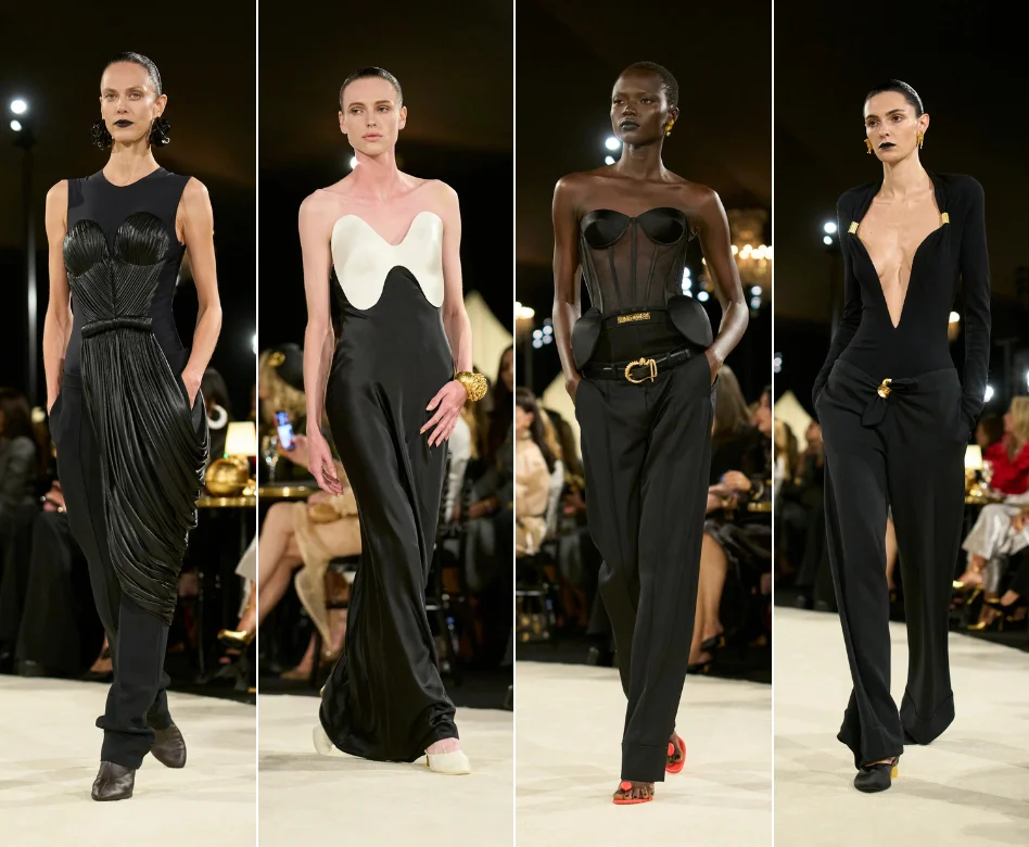 Schiaparelli'nin Paris Moda Haftası defilesinden bir model, markanın imzası niteliğindeki sürrealist ve cesur detaylarla süslenmiş, altın rengi aksesuarlar ve belirgin makyajla tamamlanmış iddialı bir tasarımla podyumda kendine özgü duruşuyla yürüyor.
