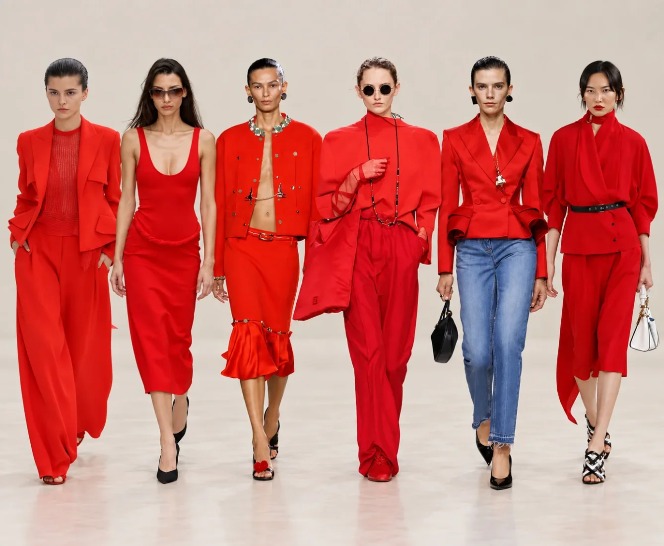 Paris Moda Haftası trendlerinden ilham alan bu karede, belirgin ve zarif kesimli canlı bir kırmızı elbise giyen, koyu saçlı bir model podyumda kendinden emin bir duruş sergiliyor ve bu rengin yeni sezon modasındaki güçlü yerini vurguluyor.