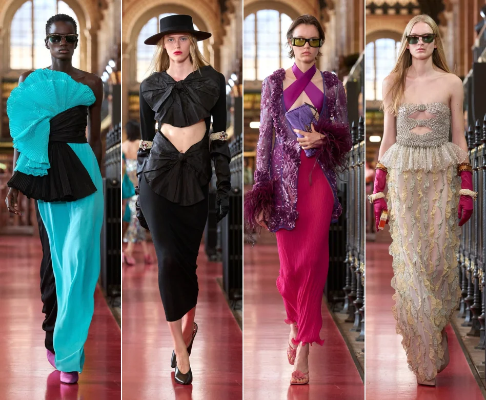 Paris Moda Haftası'nda Valentino defilesinden bir an: Uzun, zarif, akıcı kumaşlardan yapılmış, canlı ve iddialı bir renge sahip kıyafetiyle podyumda yürüyen model, markanın yenilikçi ruhunu ve sofistike tasarım anlayışını gözler önüne seriyor.