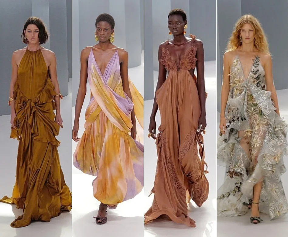 Paris Moda Haftası'nda Zimmermann defilesinde podyumda yürüyen bir model, markanın imzası niteliğindeki romantik ve akışkan, çiçek desenleriyle süslü zarif bir elbiseyle koleksiyonun özgün ruhunu gözler önüne seriyor.