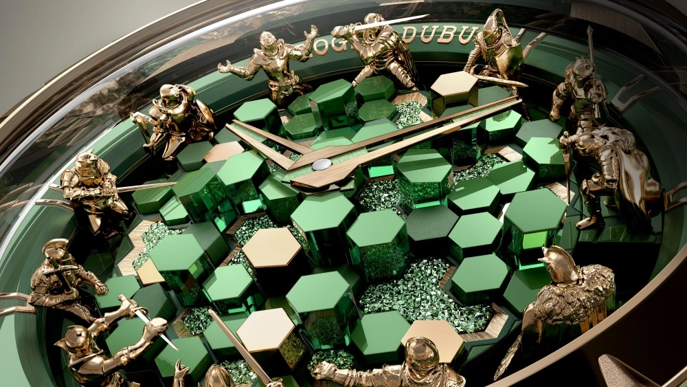 Roger Dubuis Knights of the Round Table koleksiyonundan, kılıç taşıyan 12 minyatür şövalyenin saat imleçleri olarak konumlandığı, ortasında karmaşık bir yuvarlak masa figürü ve görünen mekanik detaylara sahip, son derece detaylı ve lüks bir kol saati kadranı.