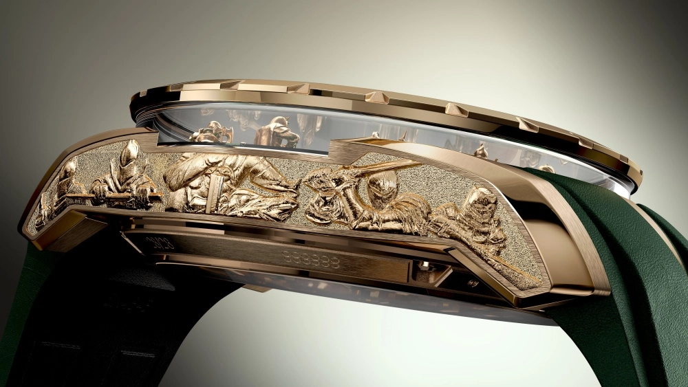 Roger Dubuis Knights of the Round Table saatinin kadranında, her biri son derece detaylı işlenmiş minyatür şövalyelerin merkezi ibrelere doğru hizalandığı, göz alıcı ve karmaşık mekanik yapısı sergileniyor.