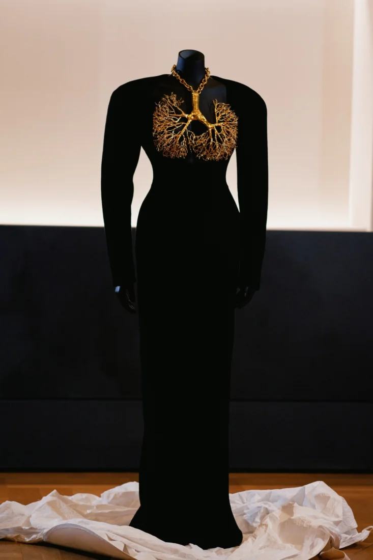 Schiaparelli markasının özgün haute couture estetiğini yansıtan, açık renkli, uzun ve dökümlü bir elbisenin model üzerinde sergilendiği bu görüntüde, elbisenin göğüs kısmındaki detaylı altın rengi, güneş motifli işlemeler dikkat çekiyor.