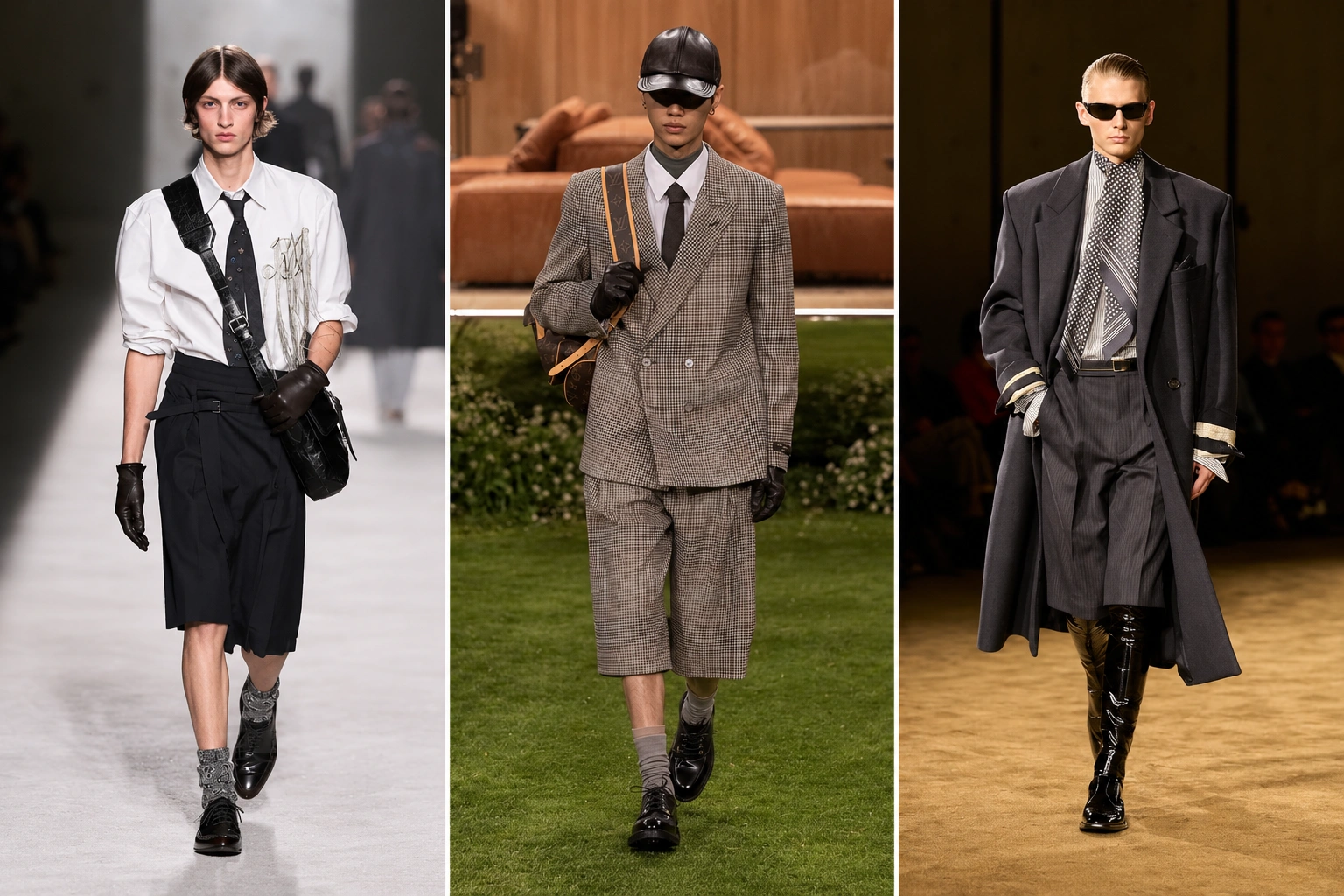Üç erkek model, sonbahar-kış erkek moda trendlerini yansıtan beyaz gömlek, kravat ve siyah bermuda şort; ekose takım ceket ve bermuda şort; uzun palto ve çizgili bermuda şort kombinleriyle podyumda yürüyor.