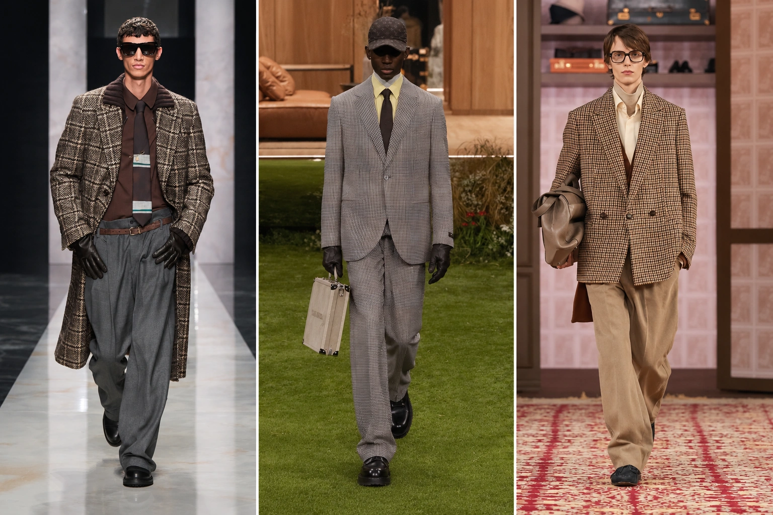Üç erkek model, podyumlarda sonbahar-kış erkek moda trendleri doğrultusunda, kahverengi ekose uzun palto, gri ekose takım elbise ve kahverengi ekose kruvaze ceket gibi farklı stillerdeki tasarımları şık aksesuarlarla tamamlayarak sunuyor.