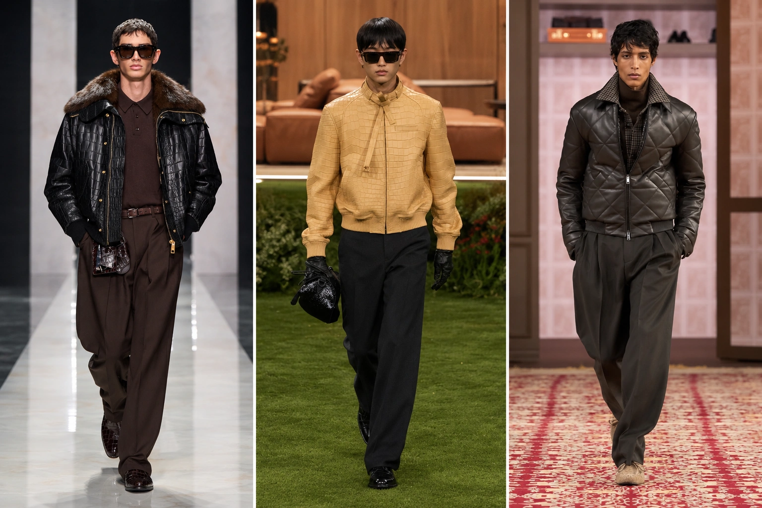 Bu sonbahar-kış erkek moda trendlerini temsil eden, kabartmalı deri veya şık kapitone desenli ceketler giymiş üç farklı erkek model, bol kesim pantolon ve aksesuarlarıyla podyumda kendinden emin bir şekilde yürüyor.