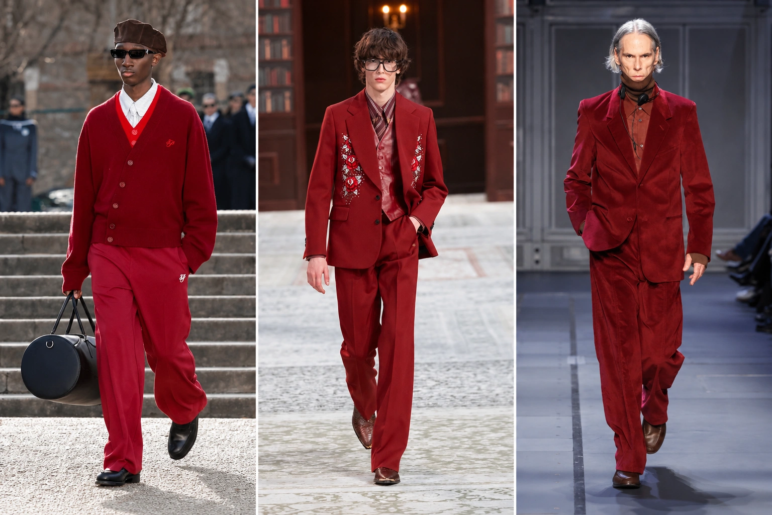 Sonbahar-kış erkek moda trendleri arasında yer alan kırmızının farklı tonlarını ve stillerini sergileyen üç erkek model; solda spor şık kırmızı hırka ve eşofman altı, ortada nakışlı kırmızı takım elbise, sağda ise kadife kırmızı takım elbiseyle podyumda yürüyor.