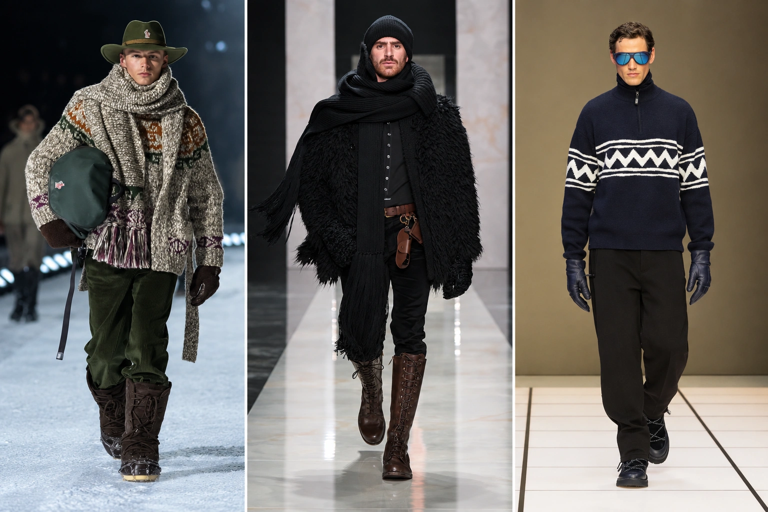 Podyumda yürüyen üç erkek model, sonbahar kış erkek moda trendlerine uygun olarak farklı stillerde kalın örgülü kazaklar, kürklü montlar, kar botları ve şık aksesuarlar sergileyerek soğuk havaya uygun giyim alternatiflerini gözler önüne seriyor.