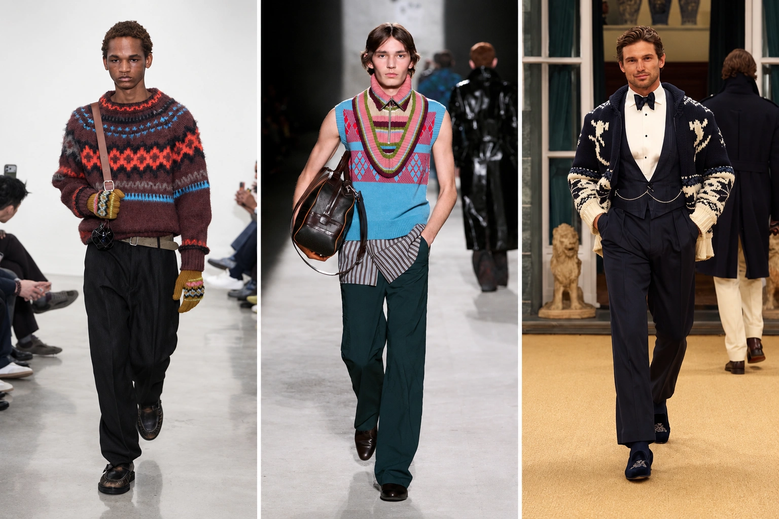 Sonbahar-kış erkek moda trendleri podyumunda, üç erkek model farklı retro triko kombinasyonlarıyla dikkat çekiyor: solda kahverengi desenli süveter ve eldiven, ortada parlak renkli triko yelek ve sağda lacivert desenli hırka şık bir şekilde sunuluyor.